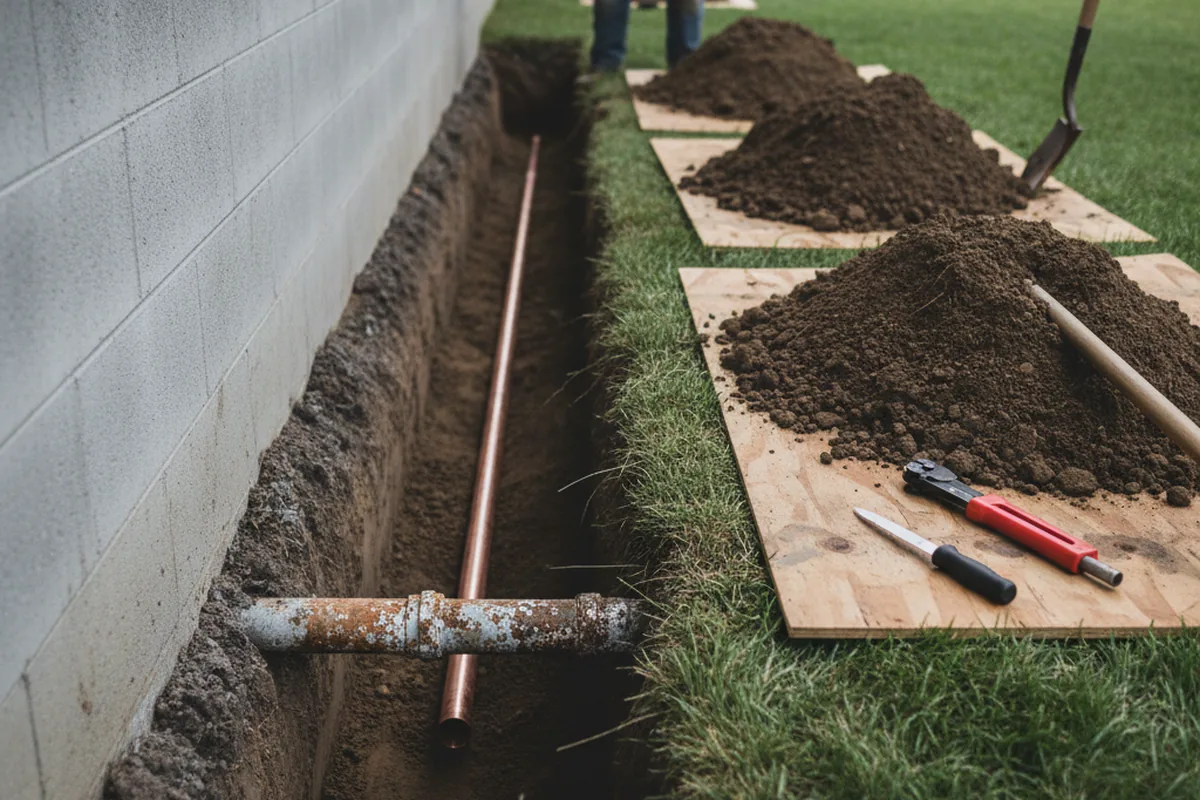 Excavated water line trench during Water Heater Repair in Spring Grove